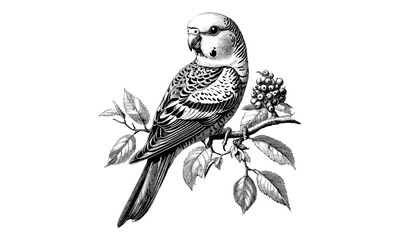 Hand-drawn budgerigar engraving, vintage pet bird illustration, trendy monochrome etching, antique parrot sketch, retro wildlife drawing, old engraving style, exotic species art