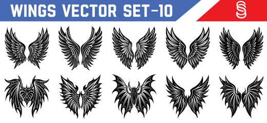 Symmetrical angel and demon black wings vector set for fantasy illustrations digital art gothic branding and spiritual creative projects.