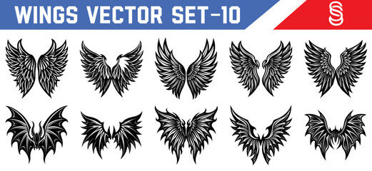 Fantasy black wings vector pack featuring detailed angel and demon feather silhouettes for use in tattoos book art game design and spiritual themes.