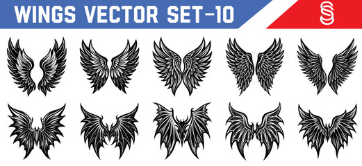 Symmetrical black wing designs vector collection featuring angel and demon inspired artwork for tattoos illustrations games and dark spiritual themes.