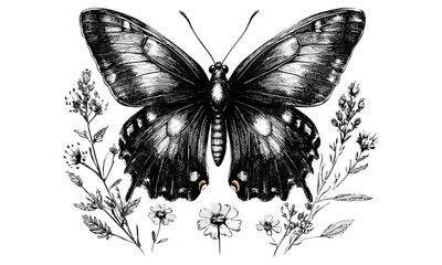 Retro Butterfly Hand-drawn Engraving, Vintage Wildlife Etching, Detailed Monochrome Insect Line Art, Rustic Garden Illustration, Old engraving style, black sketch, natural fauna art