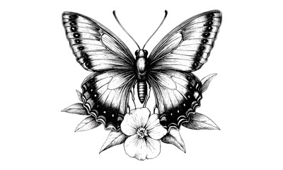 Rustic Garden Print, Hand-drawn Butterfly Engraving on Flower, Monochrome Insect Line Art, Vintage Wildlife Etching, Detailed Nature Illustration, Retro Fauna Drawing, old engraving style