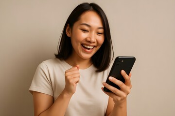 Fototapeta premium Happy Woman Celebrating Success on Her Smartphone Joyful Reaction and Positive Emotions