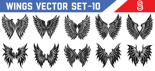 Mythology themed black wings set angel and demon vector illustrations with symmetrical details for tattoo inspiration character art and fantasy graphics.
