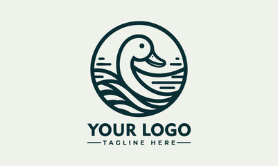 Minimalist Line Art Logo of a Duck in a Circle with Water Lines. Animal Logo Concept