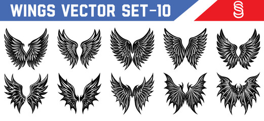Detailed black wings vector set angel and demon inspired designs for gothic fantasy artworks digital tattoos book covers and spiritual character design assets.