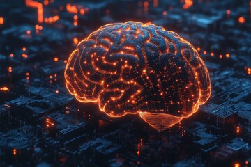 Obraz premium Digital representation of the human brain glowing amid a technological landscape, A digital representation of the human brain, with glowing circuitry and data flowing around it