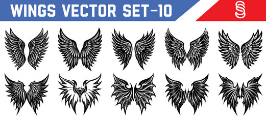 Elegant vector illustrations of demon and angel wings black symmetrical feather sets for fantasy inspired tattoos gothic design branding and mystical character visuals.