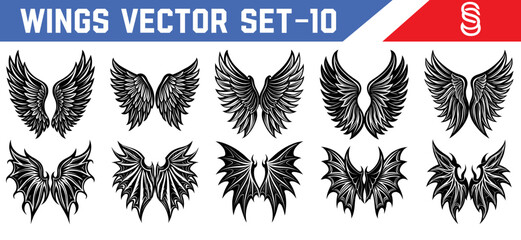 Angel and demon wing vector pack detailed black feather silhouettes for fantasy tattoo design graphic illustration and spiritual artwork.