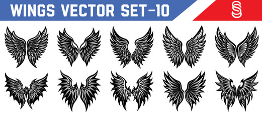 Vector pack of gothic angel and demon wings in black silhouette style for creative design tattoos character art and fantasy illustration.