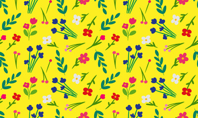 Obraz premium yellow trendy seamless pattern with simple floral design, simple painted flowers, bright background for web textile design