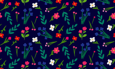 floral summer or spring vector drawn simple cute pattern seamless, flowers on dark blue background