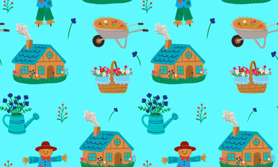 Obraz premium cottagecore garden seamless pattern, scarecrow house flowers wheelbarrow watering cans, blue background, cute farm style clipart kids cards decor