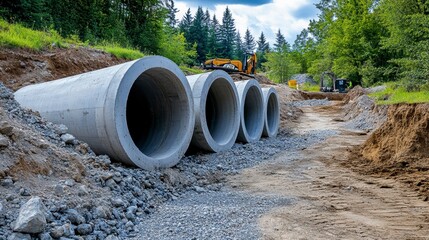 Large concrete pipes at a construction site, ready for installation in a rural setting.