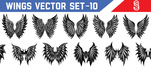 Mystical black feathered wing illustrations vector angel and demon set for fantasy art spiritual tattoos gothic branding and digital media.