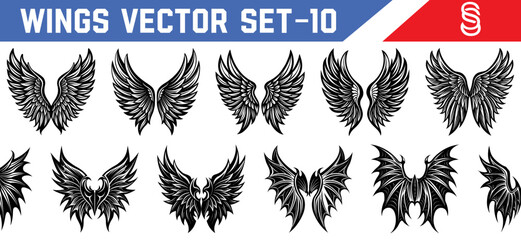 Elegant and dark wing silhouettes vector set angel and demon black feathers for use in game assets illustration and gothic tattoo art.