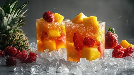 stunning display of vibrant iced fruit drinks with flavors like strawberry, mango, and pineapple, served with ice on a grey background.