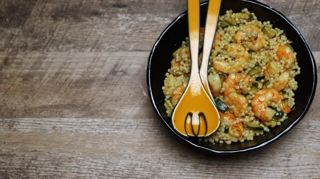 Mediterranean Couscous Salad with Shrimp and Zucchini.