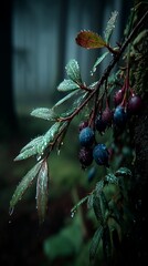Dew-kissed berries in a misty forest