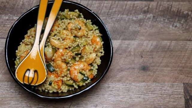 Mediterranean Couscous Salad with Shrimp and Zucchini.
