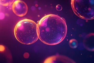 Bubbles float on a dark background with pink and purple, shimmering lights. Use this image to represent imagination or dreamy cosmic ideas.