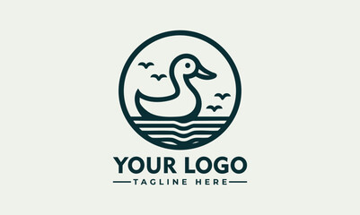 Minimalist Line Art Logo of a Duck in a Circle with Water Lines. Animal Logo Concept