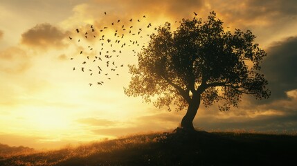 The Mustard Seed: A small mustard seed growing into a large tree, with birds nesting in its branches under a bright sky.