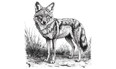 Vintage coyote sketch, desert wildlife engraving, monochrome hand-drawn etching, trendy wilderness illustration, rustic animal art, nature decor print, old-fashioned line art,
