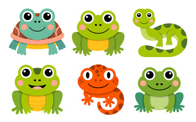 Fototapeta premium Educational flashcard set of reptile and amphibian faces in soft paper cutout style – turtle, frog, snake, chameleon, gecko, and salamander