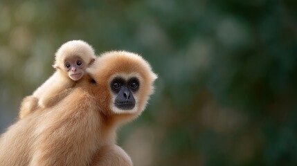 Fototapeta premium A beautiful moment between a mother gibbon and her baby. This heartwarming scene captures their bond in a nature setting. Perfect for wildlife enthusiasts and educators. AI
