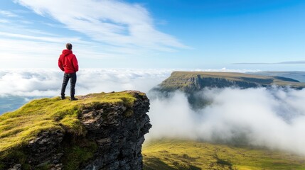 Obraz premium Person on mountain overlooking misty landscape