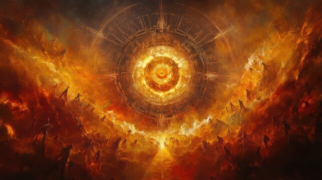 The Vision of Ezekiel: A divine chariot with wheels within wheels and glowing eyes, surrounded by fiery cherubim.