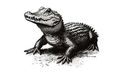 Crocodile Lurking Hand-drawn Engraving, Monochrome Reptile Line Art, Vintage Wildlife Etching, Rustic Fauna Drawing, Retro Nature Print, Old Engraving Style, Animal Sketch
