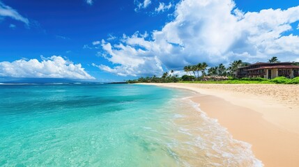 stunning Hawaiian beach resort, with pristine sand, clear turquoise water, and luxurious accommodations under a bright blue sky dotted with clouds.