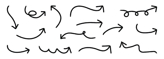 Creative arrows in grunge style. Charcoal hand drawn pencil arrows. Doodle style pointers, curved lines, round swirls.