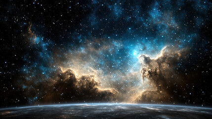Fototapeta premium Stunning cosmic scene featuring vibrant nebula illuminated by golden and blue hues