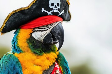 Colorful parrot wearing a pirate hat with skull and crossbones for themed events, parties, and costume designs.