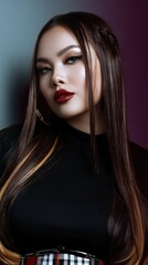 Elegant woman with long, straight brunette hair and bold red lips, wearing a black top. She gazes confidently with defined brows and dramatic eye makeup, set against a blurred background