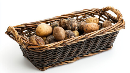 Beautiful basket filled with various types of mushrooms, showcasing their unique shapes and textures, perfect for culinary use