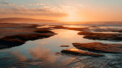 Tranquil sunset reflections on the sandy beach landscape evokes a serene and peaceful scene