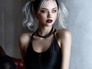 Naklejka premium Young woman with striking blue eyes and dark lipstick, wearing a black top with zipper detail. Her hair is styled in two pigtails with light-colored highlights. She poses confidently