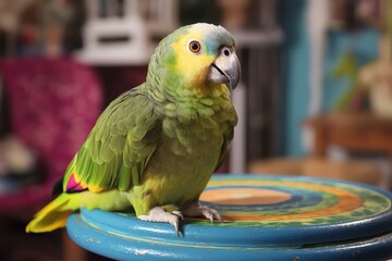 Green parrot sits on colorful stool indoors
