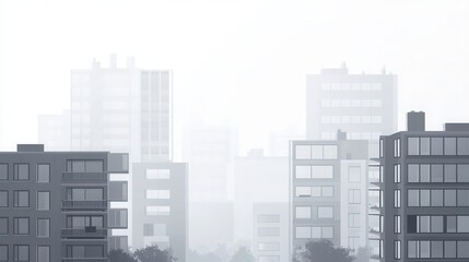 Fototapeta premium Minimalist urban landscape, few buildings, foggy background, grayscale tones, spacious mood 