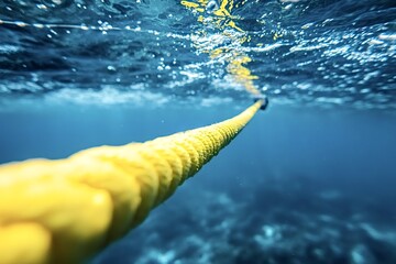 Yellow rope floating underwater in a deep blue sea, creating a striking contrast and suggesting concepts of rescue, hope, and connection to the surface