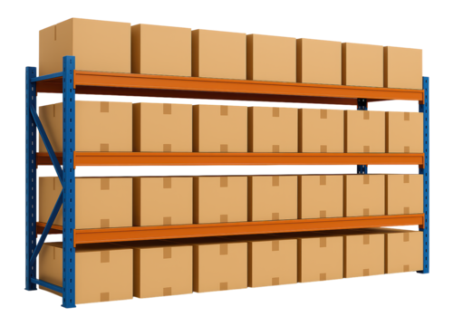 Industrial Warehouse Storage Rack Loaded with Multiple Cardboard Boxes on Three Sturdy Metal Shelves for Organized Inventory Management, Isolated on Transparent and White Background