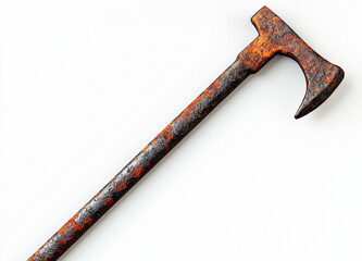 Rusty metal tool resting on a plain surface with signs of age and wear, showcasing its texture and historical significance