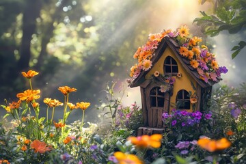 Sun flower fairy house nestled among vibrant garden flowers in sunlight, flowers in the garden with sunflower fairy house