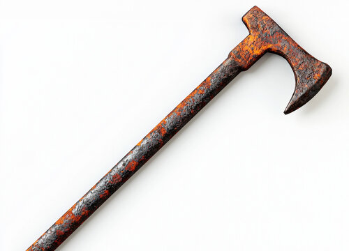 Rusty metal tool resting on a plain surface with signs of age and wear, showcasing its texture and historical significance