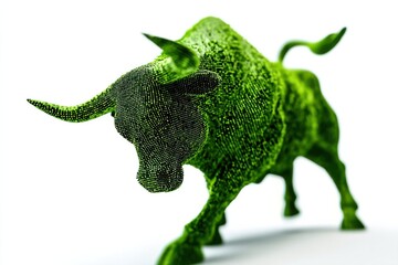 Fototapeta premium Sculptural representation of a green bull created with intricate geometric patterns against a plain white background