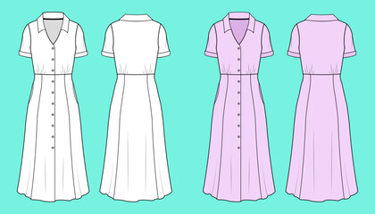 Ladies Short sleeve button down Shirt Dress colour way set fashion flat sketch CAD mockup front and back views. © MdAmirul